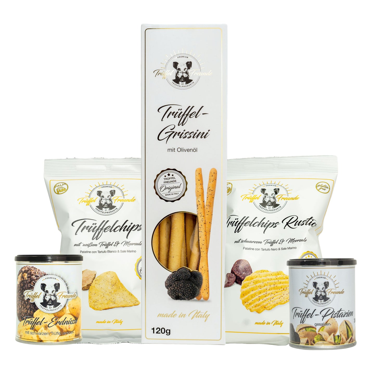 Trüffelfreunde – Snack Set Deluxe – Chips, Pistazien, Erdnüsse & Grissini mit schwarzem & weißem Trüffel