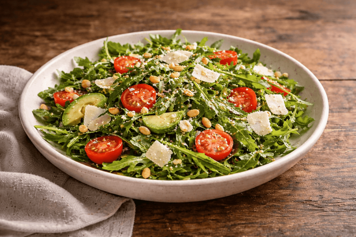 Rucolasalat mit Tomaten, Avocado, Pinienkernen und Parmesan auf einem hellen Teller