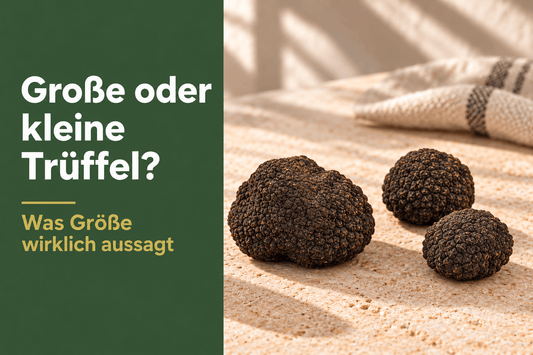 Eine große und zwei kleinere Burgundertrüffel mit unterschiedlichen Wuchsformen nebeneinander – Größenvergleich frischer Trüffel.