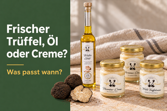Frische Burgundertrüffel neben dem Trüffelöl „Weißes Gold“ und drei Trüffelcremes von Trüffelfreunde – frischer Trüffel, Öl oder Creme im Vergleich.