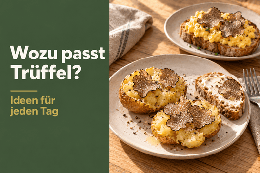 Ofenkartoffeln, Rührei auf Brot und ein cremiger Brotaufstrich, jeweils mit dünnen Trüffelscheiben – Ideen für Trüffel im Alltag.