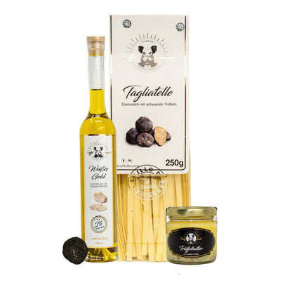 Perfektes Dinner‑Set: Tagliatelle mit schwarzem Trüffel, Weißes Trüffelöl, Black Label Trüffelbutter & frischer Trüffel